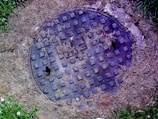 A circular manhole cover with a grid pattern is positioned in the center of dry, patchy grass. The cover appears aged and has a few holes on its surface. Small flowers and some green patches of grass surround the area.