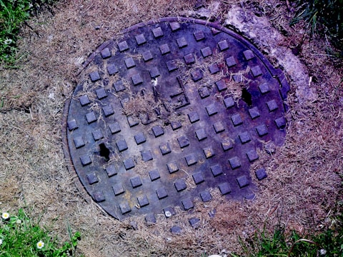 A circular manhole cover with a grid pattern is positioned in the center of dry, patchy grass. The cover appears aged and has a few holes on its surface. Small flowers and some green patches of grass surround the area.