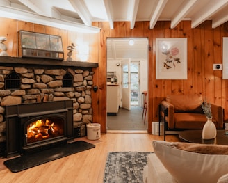 a living room filled with furniture and a fire place