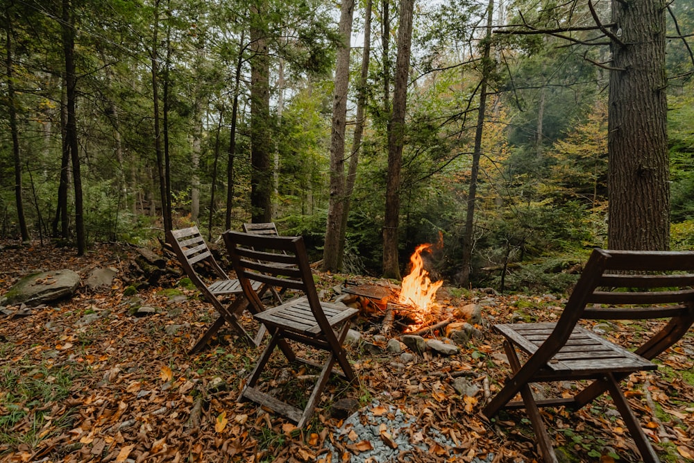 a group of chairs sitting around a fire in the woods