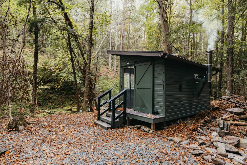 a small cabin in the middle of a forest