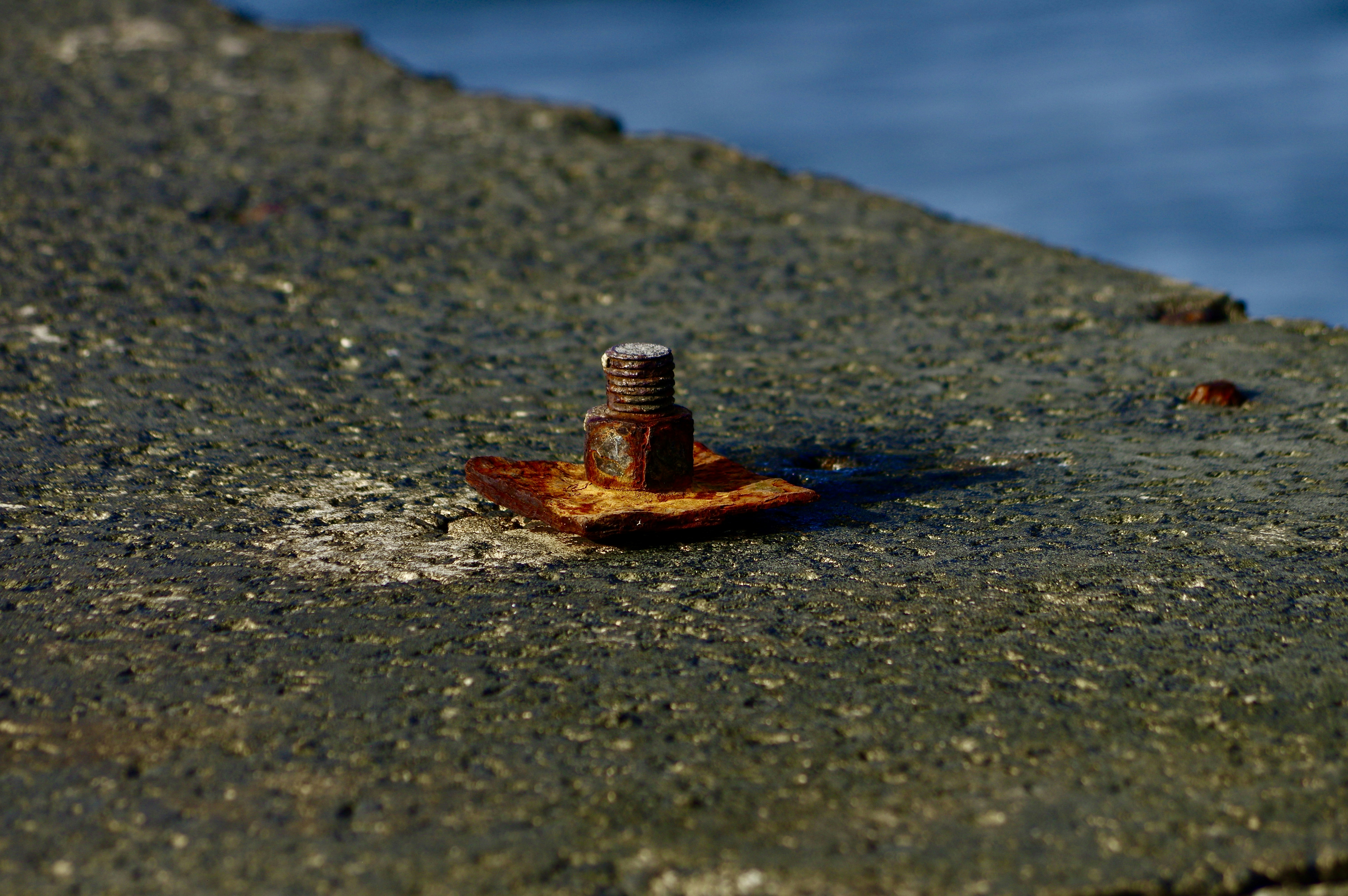 a rusted bottle sitting on the ground next to a body of water