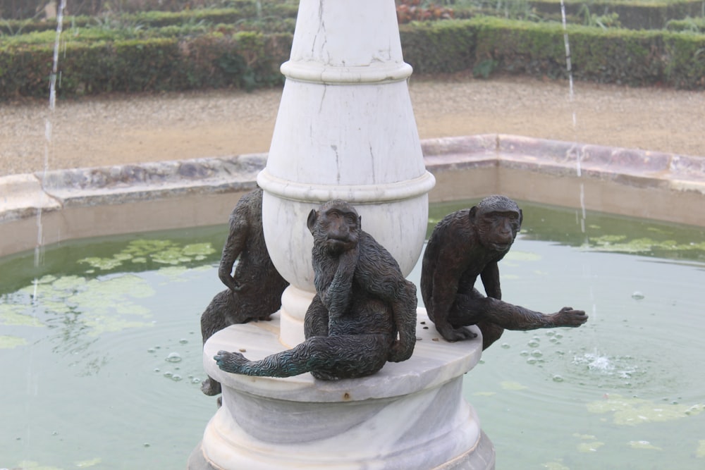 a statue of three monkeys sitting on a fountain