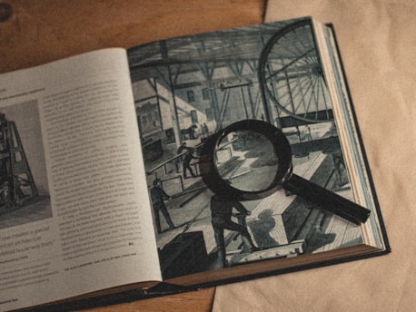 an open book with a magnifying glass on top of it