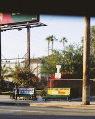 A street scene with a bus stop featuring two advertisements, one for a service and another for a show or movie. A person is seated on the bench at the bus stop. In the background, there are palm trees, bushes with red flowers, and residential buildings. The lighting suggests it is either early morning or late afternoon.