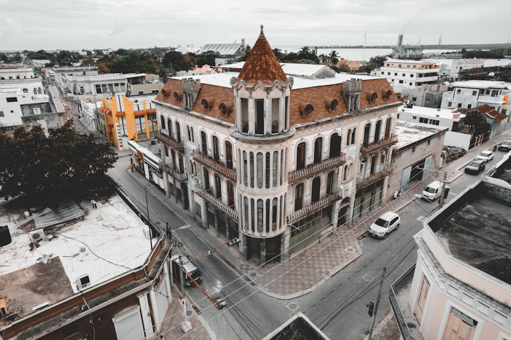 an aerial view of an old building in a city