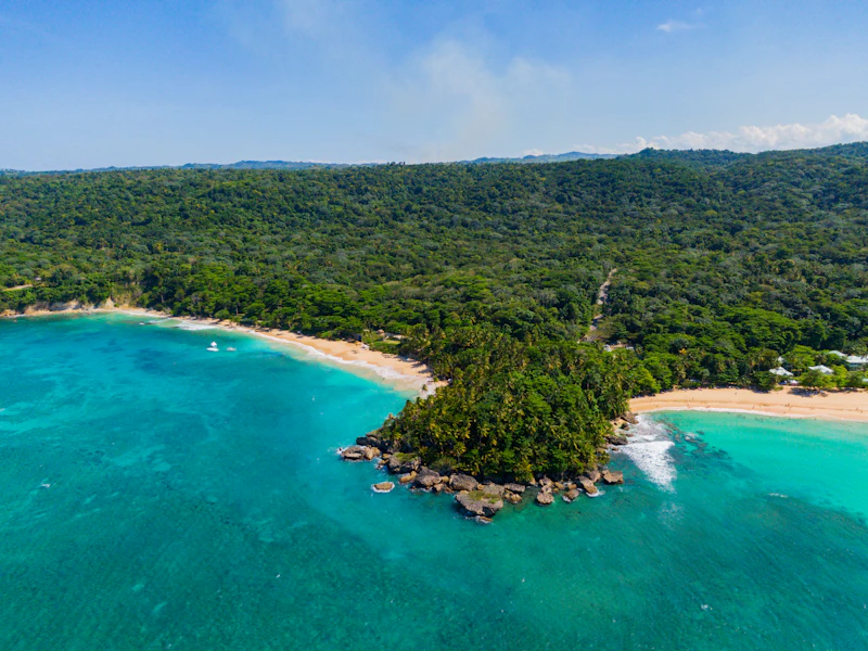 Aerial view of a small tropical island in Caribbean water, Dominican Republic