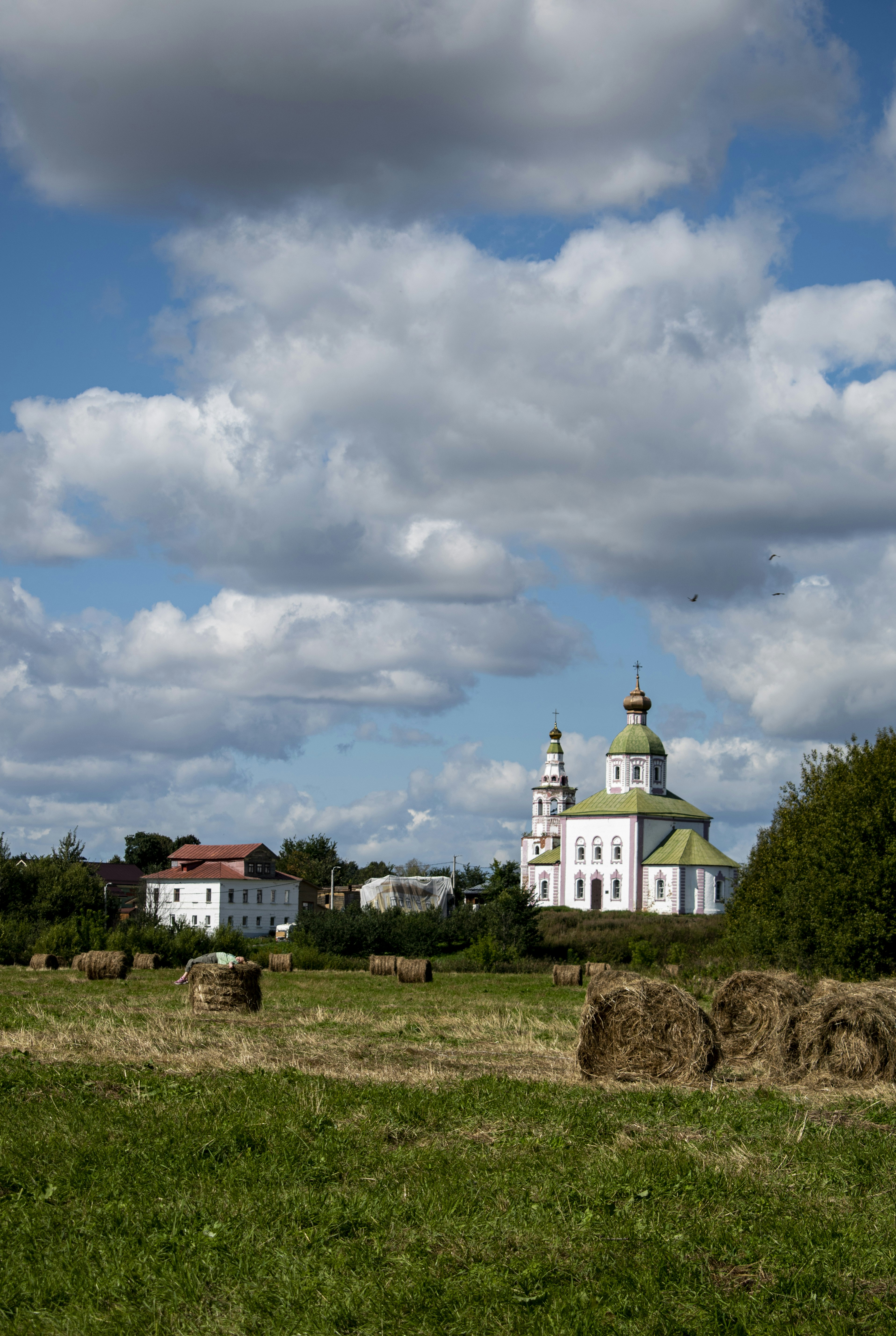eine große weiße Kirche mit begrüntem Dach