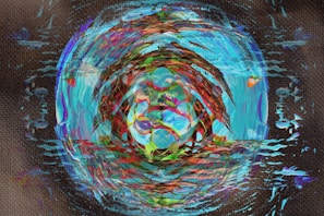 Close-up of a vibrant elliptical artwork with swirling colors and dynamic shapes