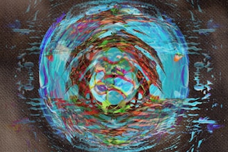 Close-up of a vibrant elliptical artwork with swirling colors and dynamic shapes