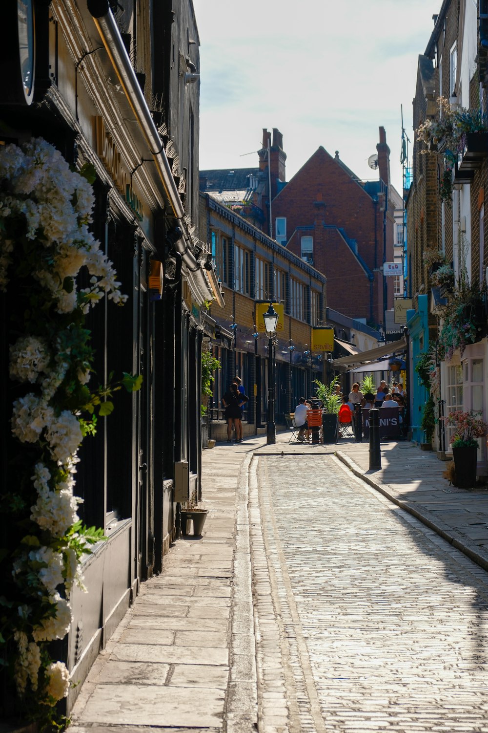 a cobblestone street lined with buildings and flowers