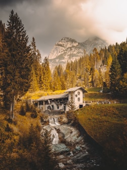A picturesque mountain landscape featuring a quaint house situated beside a cascading waterfall, surrounded by dense, towering pine trees. Mist shrouds the mountain peaks in the background, creating a tranquil and serene atmosphere.