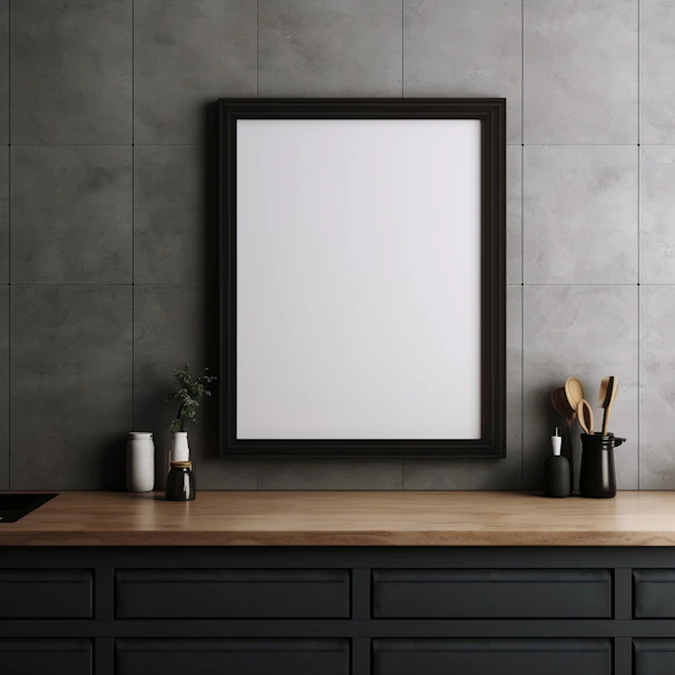 A set of minimalist black and white magnets arranged artistically on a wooden board.