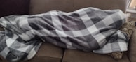 A couch is covered by a large, soft blanket with a checkered pattern in shades of gray and white. There is a decorative pillow with a circular design next to it.