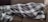 A couch is covered by a large, soft blanket with a checkered pattern in shades of gray and white. There is a decorative pillow with a circular design next to it.