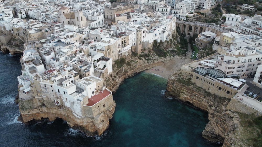 an aerial view of a city and a body of water