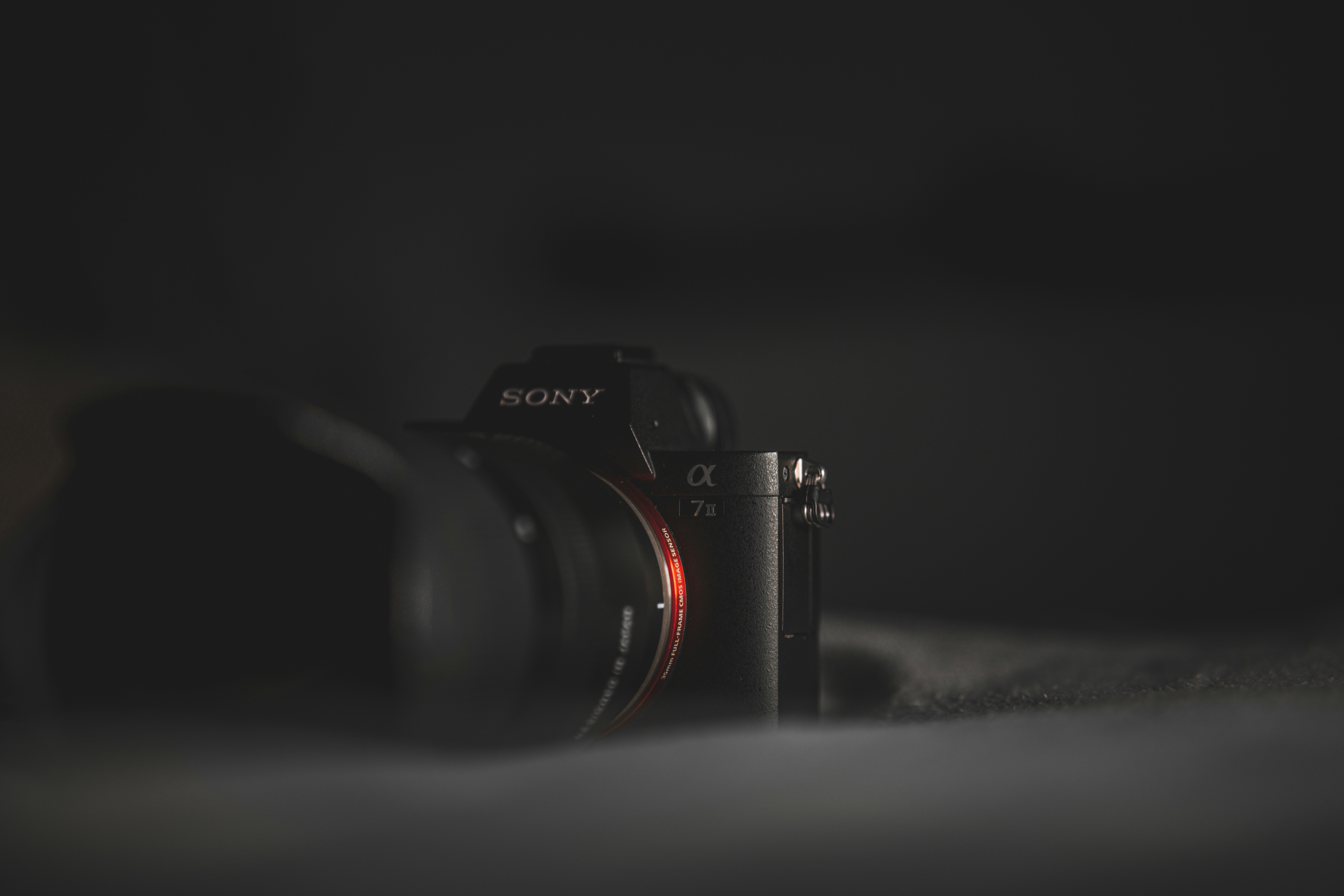 a sony camera sitting on top of a bed