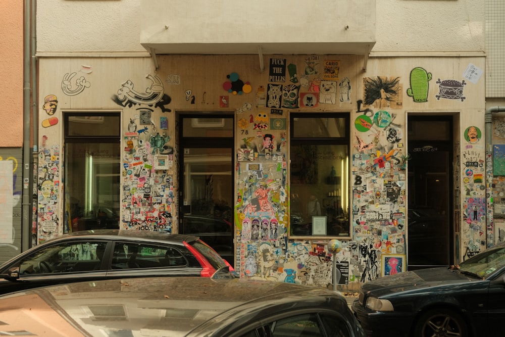a building with a lot of stickers all over it