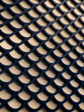 A pattern of overlapping, dark blue semi-circular scales against a beige background, creating a textured and symmetrical design.
