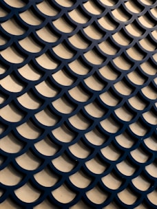 A pattern of overlapping, dark blue semi-circular scales against a beige background, creating a textured and symmetrical design.
