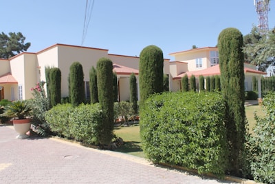 A modern villa with a cream exterior and red roofing is surrounded by neatly trimmed hedges and tall, cylindrical shrubs. The driveway is paved with patterned stones, and a large potted plant adds a decorative touch near the entrance. The sky is clear and bright, suggesting a sunny day.