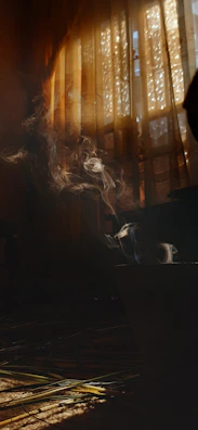 A warm, inviting scene with soft shadows and a hint of smoke rising near the game setup.