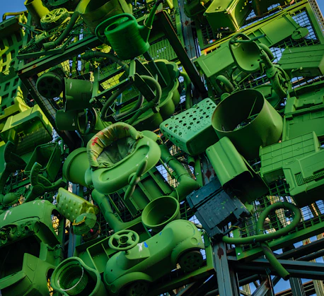 a bunch of green objects that are stacked together