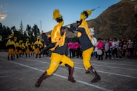 Two individuals are performing a dynamic dance or ritual in colorful costumes, featuring bright yellow and black garments with prominent feathered headpieces. In the background, several similarly dressed participants stand in line, while a group of people dressed in pink observes the scene. The setting appears to be outdoors, with a mountainous landscape providing the backdrop.