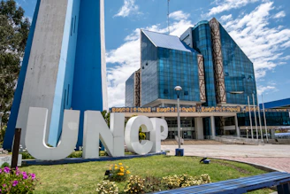 a building with a large sign in front of it