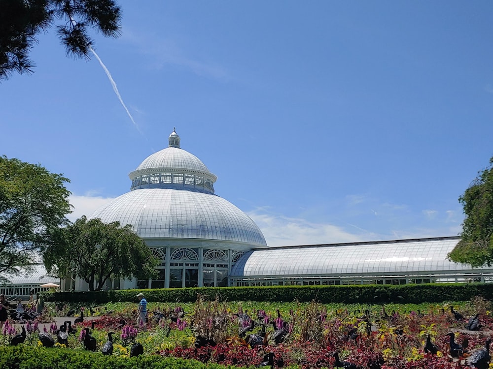 a large white building surrounded by trees and flowers