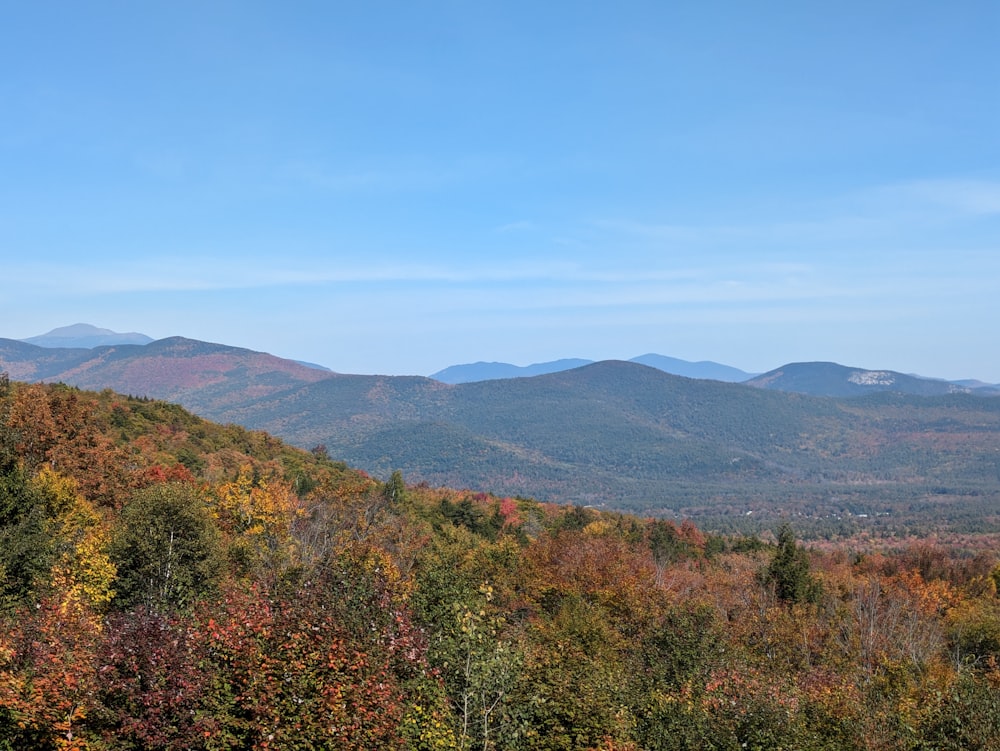 a scenic view of a mountain range in the fall