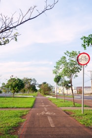 A paved pathway marked for bicycles stretches into the distance, flanked by grassy areas and trees on both sides. A bicycle sign is prominently displayed, indicating that the path is meant for cycling. The sky is clear with few clouds, suggesting a pleasant day.