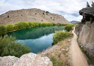 A peaceful trail along the riverbank with lush greenery framing the distant falls.