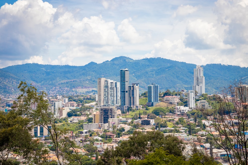 a view of a city with mountains in the background