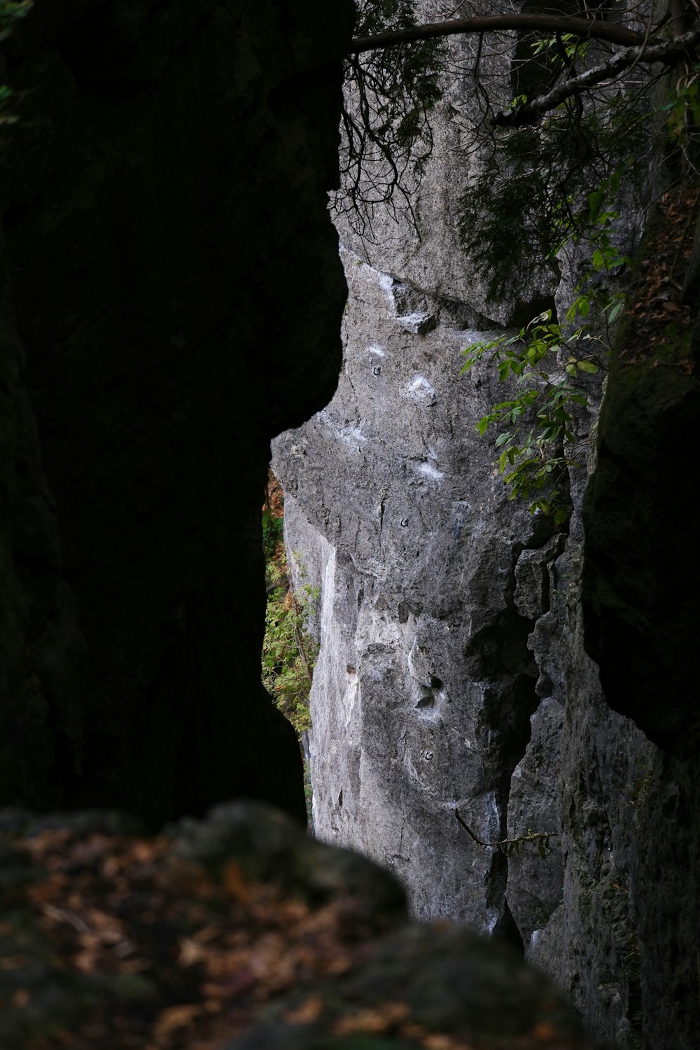 a person climbing up a steep rock face