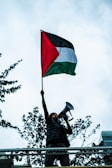 A person stands on an elevated platform holding a megaphone and raising a flag with black, white, and green horizontal stripes and a red triangle. The backdrop includes trees and a partly cloudy sky.