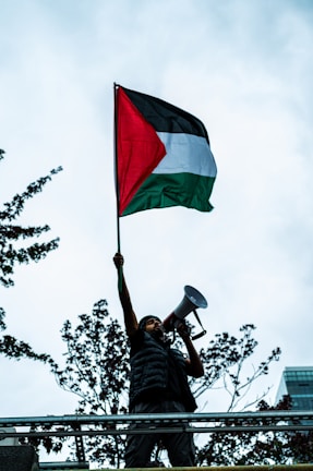 A person stands on an elevated platform holding a megaphone and raising a flag with black, white, and green horizontal stripes and a red triangle. The backdrop includes trees and a partly cloudy sky.