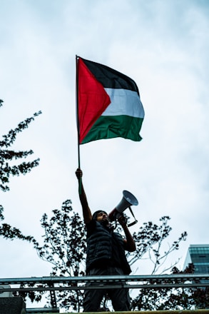 A person stands on an elevated platform holding a megaphone and raising a flag with black, white, and green horizontal stripes and a red triangle. The backdrop includes trees and a partly cloudy sky.