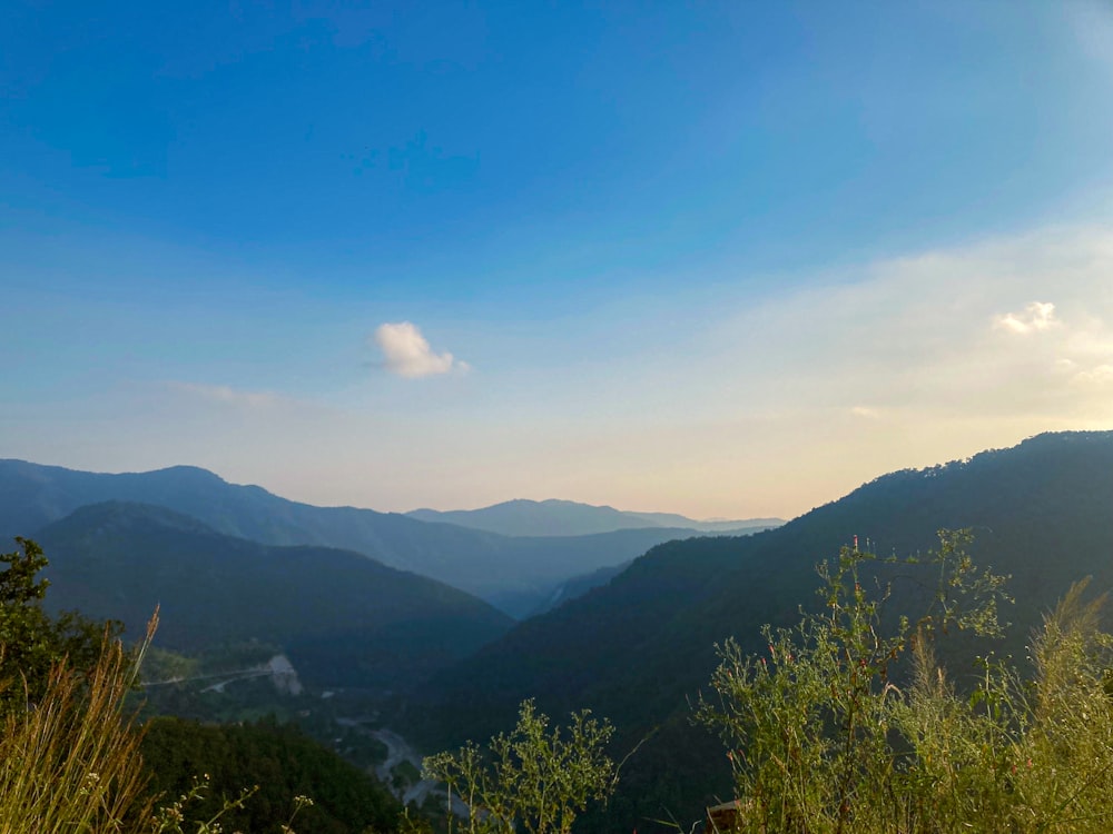 a view of a valley with mountains in the background