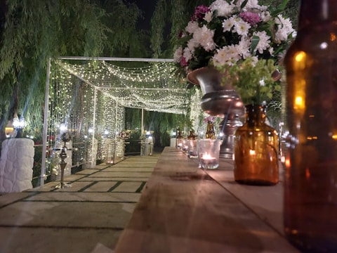 Outdoor garden party with fairy lights and rustic decorations.