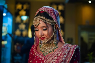 A woman dressed in traditional bridal attire, adorned with intricate gold jewelry, a nose ring, and a vibrant red and pink embellished outfit with a matching headscarf. Her eyes are closed, and she appears to be in a serene and reflective mood.