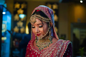 Close-up of a woman smiling softly, wearing delicate rose gold dangler earrings with a bridal outfit.