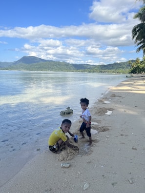 Children playing on the sandy beach with the lush green hills of the São Paulo northern coast in the background