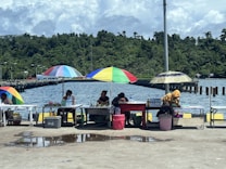 A waterfront market scene features several stalls with colorful umbrellas. Vendors sit at tables displaying goods, with water and forested hills in the background.