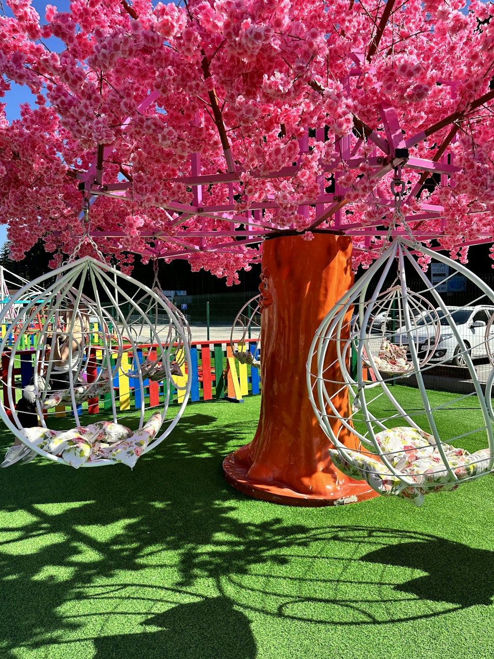 a tree with pink flowers in a park