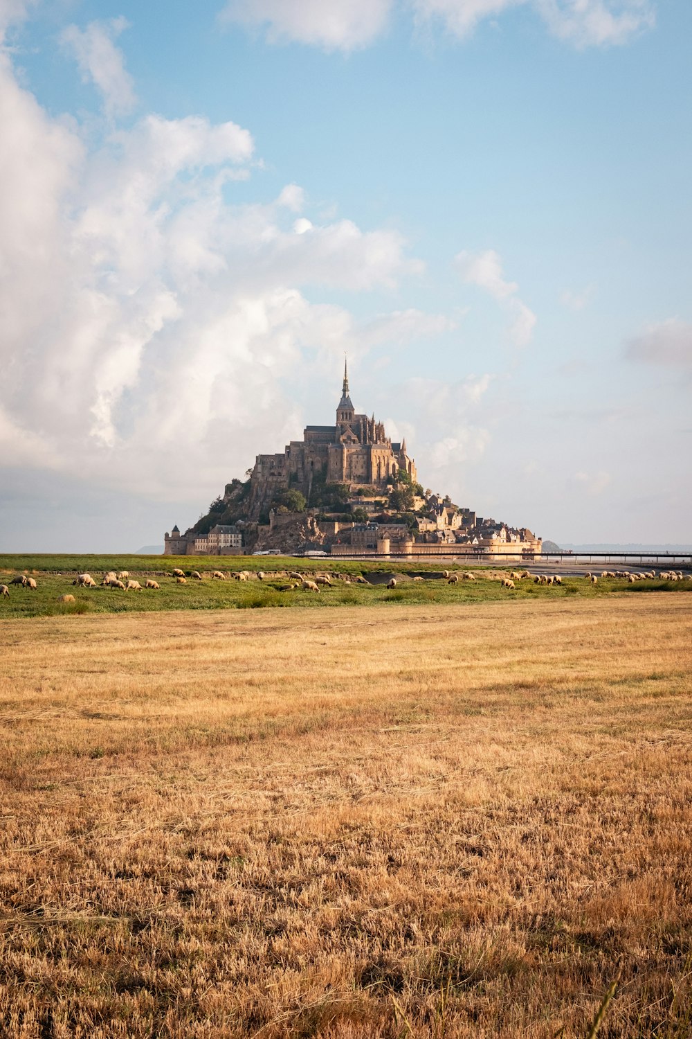 a large castle sitting on top of a hill in the middle of a field