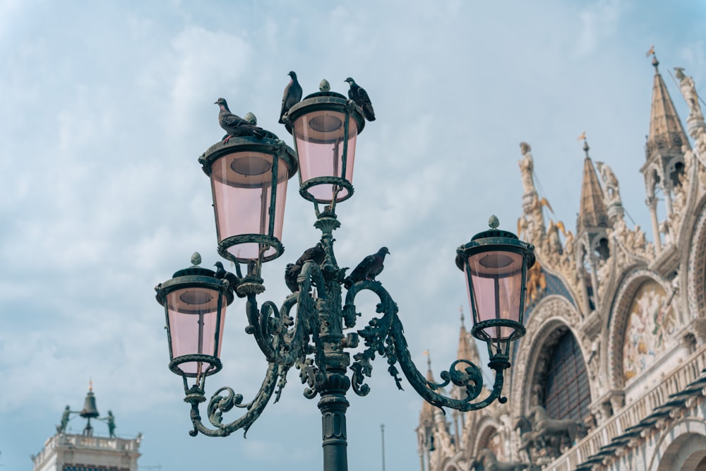 a street light with a bird on top of it