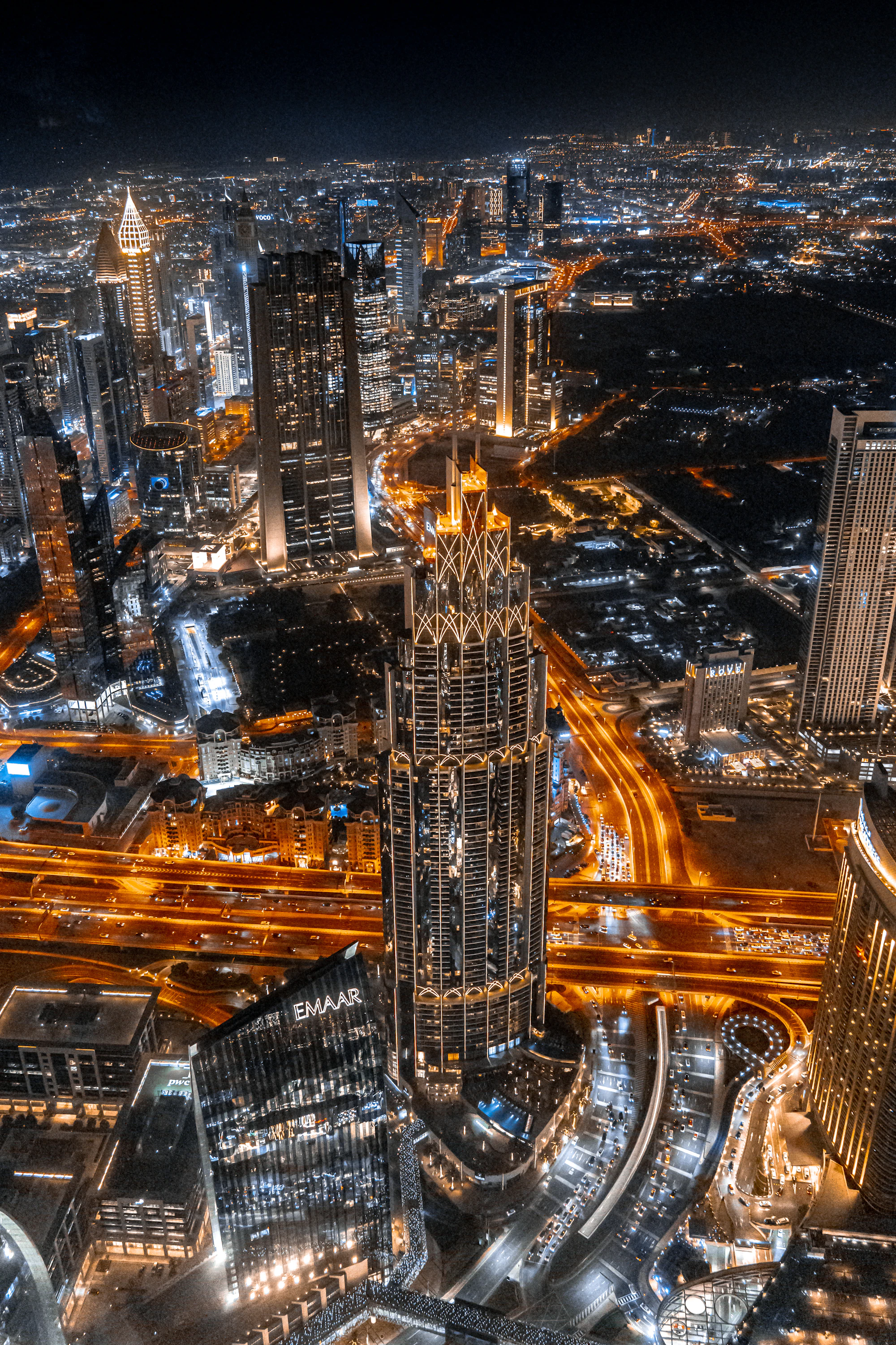 Aerial view of Dubai at night