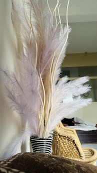 A cozy living room corner decorated with neutral-toned pampas grass arrangements adding warmth and texture.