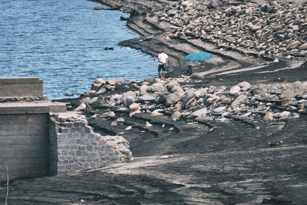 a man with a blue umbrella standing on a rocky shore